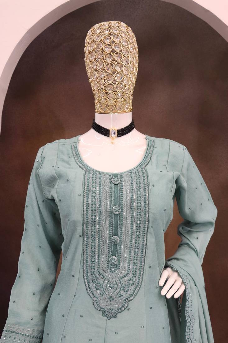 Teal color heavy vichitra silk embrodiery work long gown