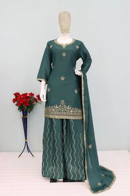 Teal color chinnon silk heavy embroidery work party wear plazo set 3
