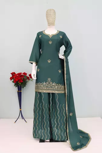 Teal color chinnon silk heavy embroidery work party wear plazo set