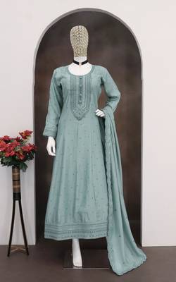 Teal color heavy vichitra silk embrodiery work long gown 3