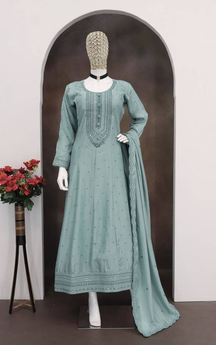 Teal color heavy vichitra silk embrodiery work long gown