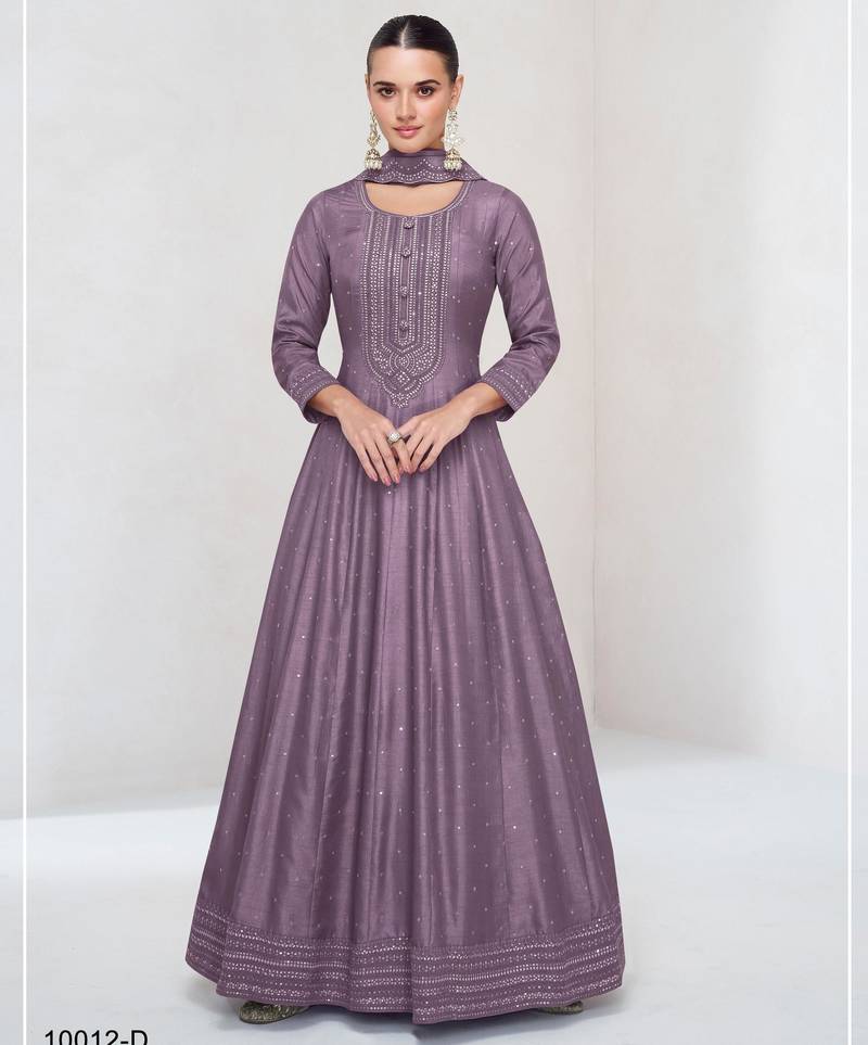 Onion color heavy vichitra silk embrodiery work long gown