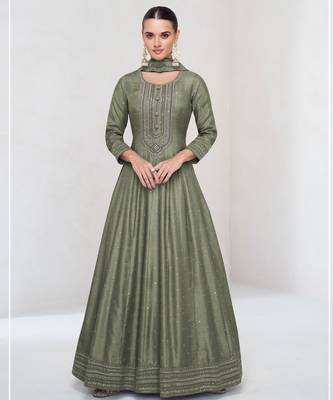Mehendi color heavy vichitra silk embrodiery work long gown 1