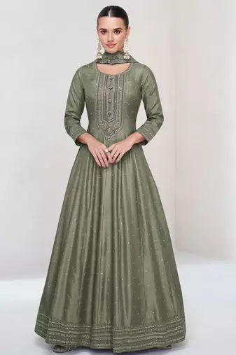 Mehendi color heavy vichitra silk embrodiery work long gown