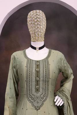 Mehendi color heavy vichitra silk embrodiery work long gown 2