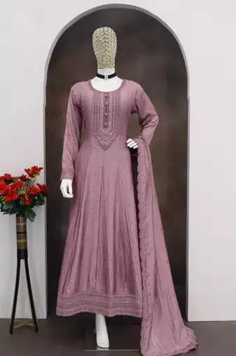 Pink color heavy vichitra silk embrodiery work long gown