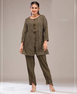 Mehendi color faux georgette party wear  co ord set 1