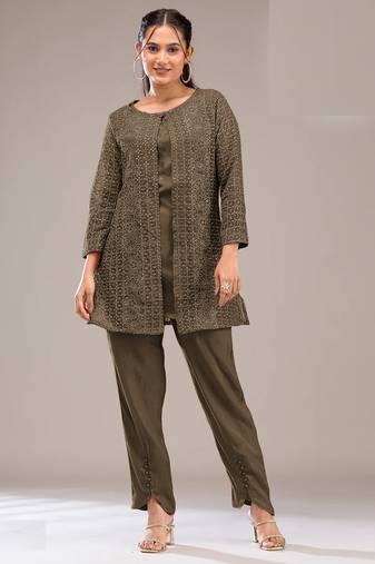 Mehendi color faux georgette party wear designer co ord set