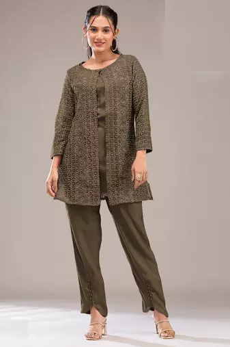 Mehendi color faux georgette party wear designer co ord set