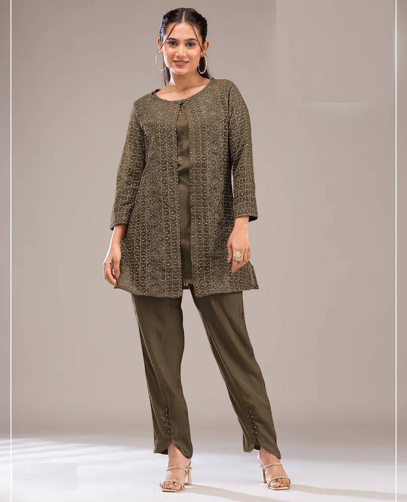 Mehendi color faux georgette party wear designer co ord set