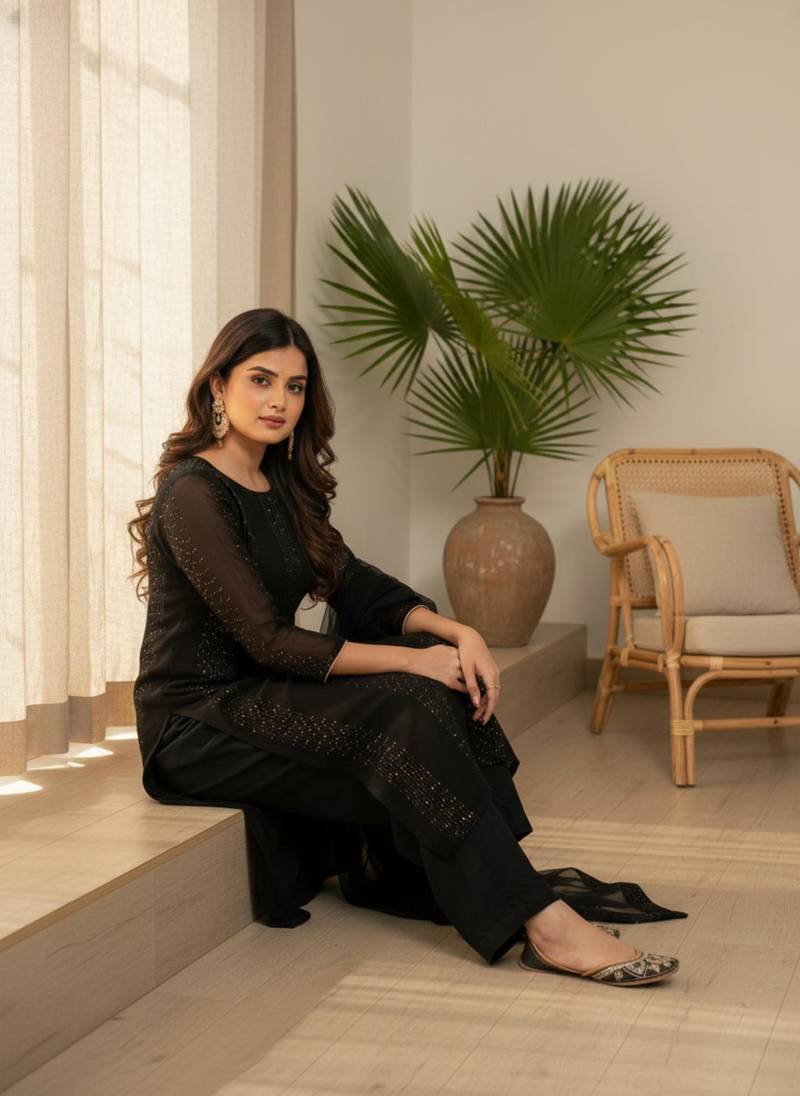 black georgette embroidered kurta sets