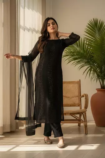 black georgette embroidered kurta sets