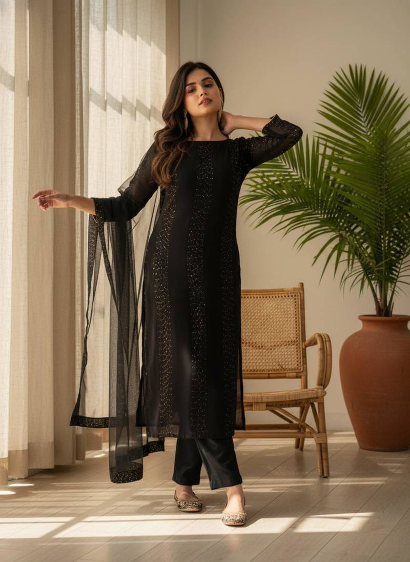 black georgette embroidered kurta sets