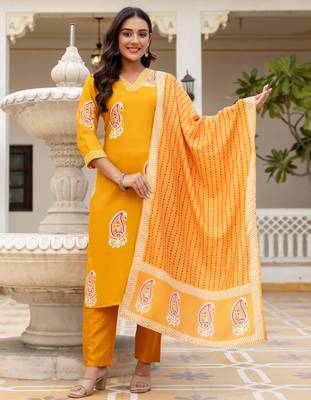 yellow rayon printed kurta sets 1