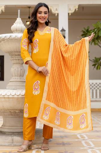 yellow rayon printed kurta sets