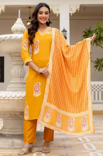 yellow rayon printed kurta sets
