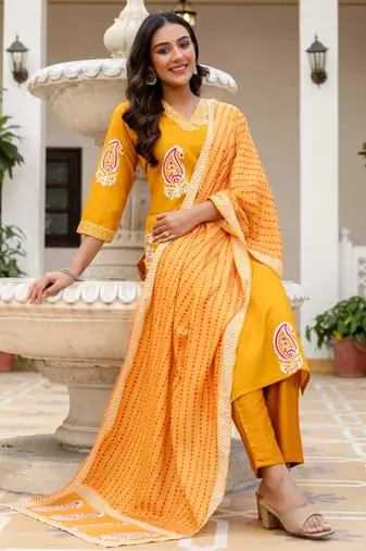 yellow rayon printed kurta sets