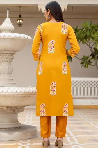 yellow rayon printed kurta sets