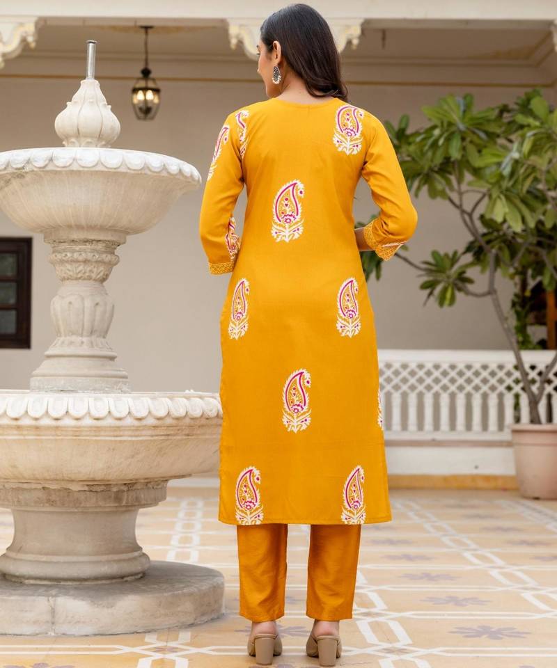 yellow rayon printed kurta sets