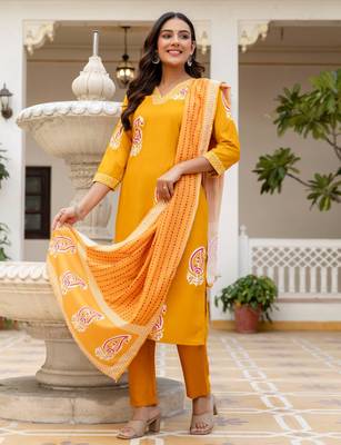 yellow rayon printed kurta sets 4