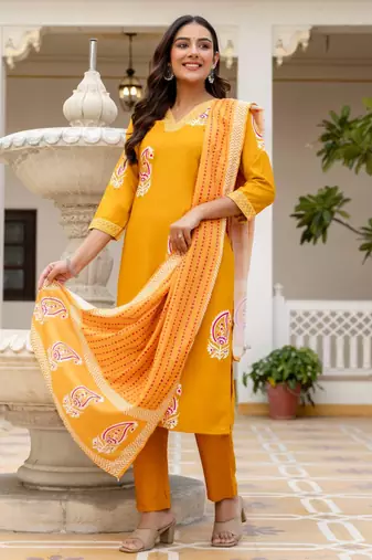 yellow rayon printed kurta sets