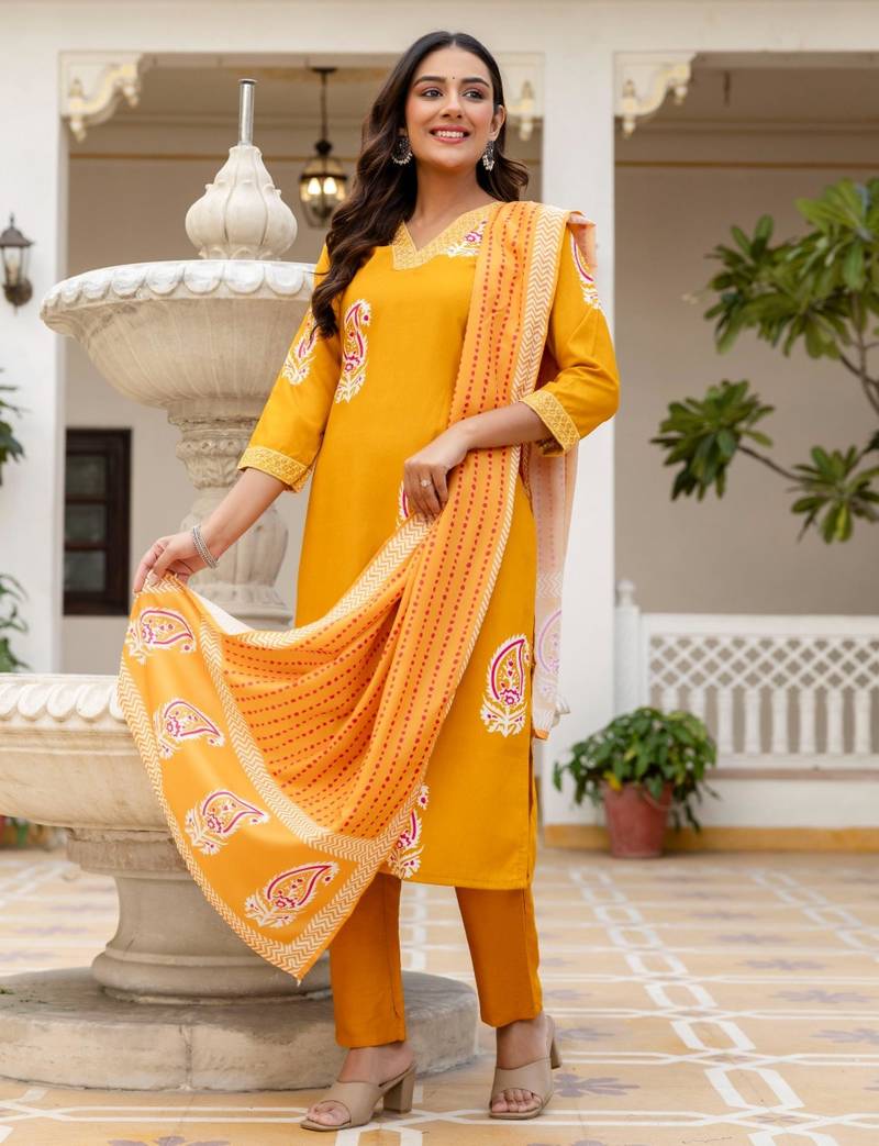 yellow rayon printed kurta sets