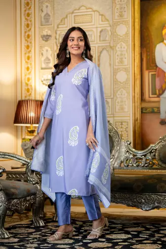 lavender rayon printed kurta sets