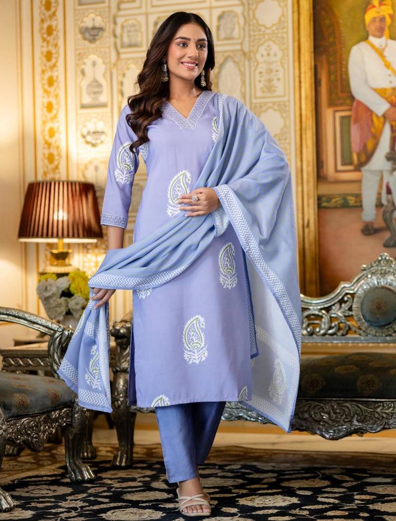 lavender rayon printed kurta sets