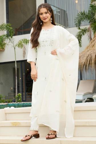 white rayon embroidered kurta sets