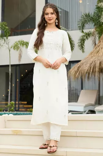 white rayon embroidered kurta sets
