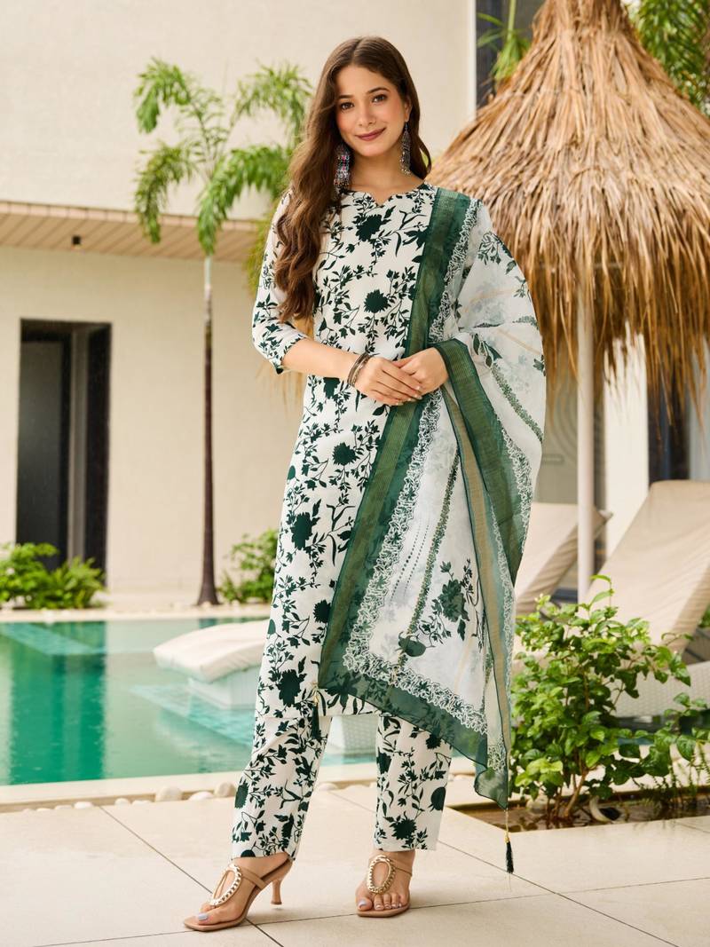 white silk blend printed kurta sets