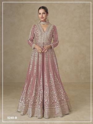 Peach color chinnon silk heavy embroidery work party wear long gown 1