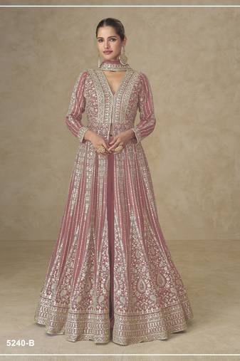 Peach color chinnon silk heavy embroidery work party wear long gown