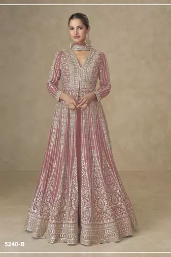 Peach color chinnon silk heavy embroidery work party wear long gown