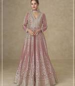 Peach color chinnon silk heavy embroidery work party wear long gown