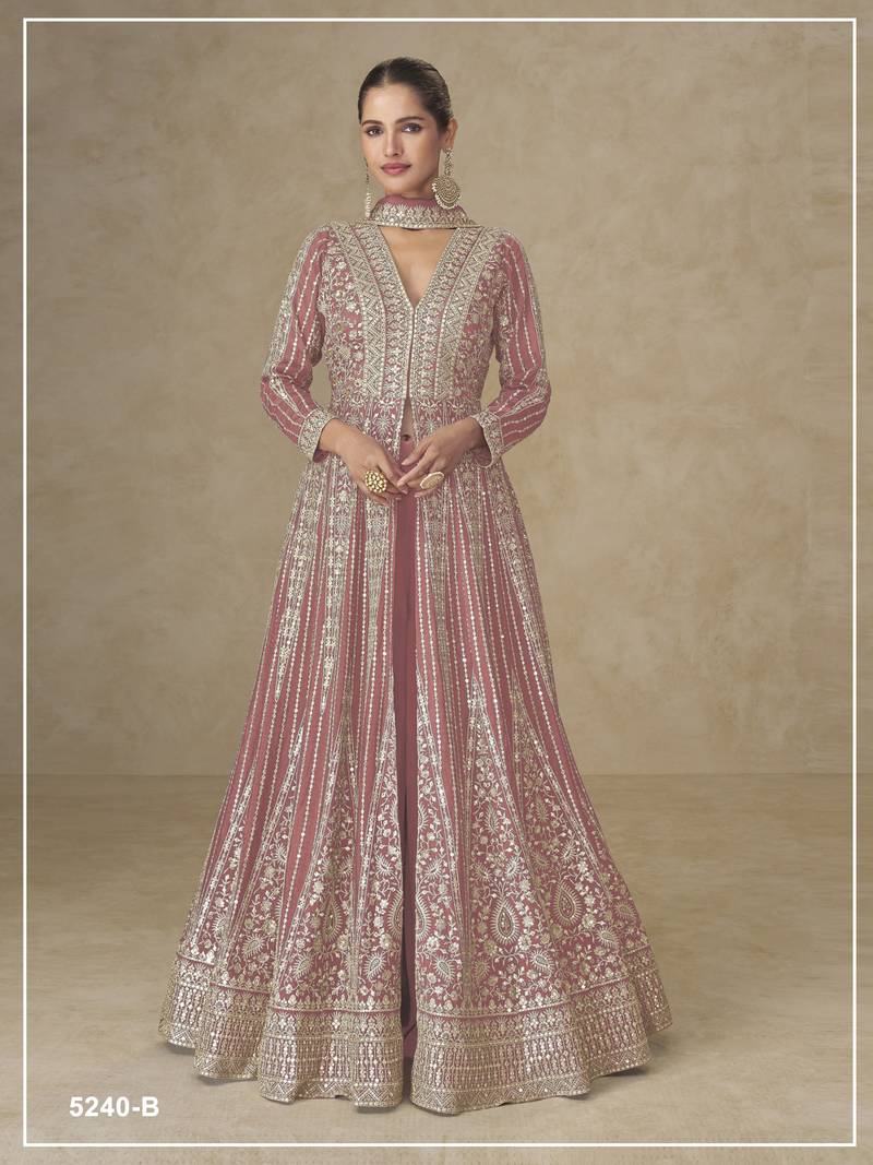 Peach color chinnon silk heavy embroidery work party wear long gown