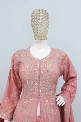 Peach color chinnon silk heavy embroidery work party wear long gown 2