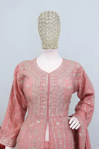 Peach color chinnon silk heavy embroidery work party wear long gown