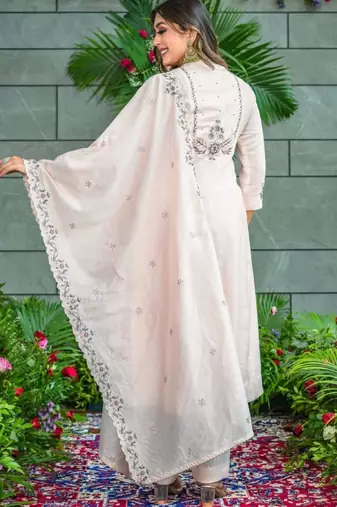 cream cotton blend embroidered kurta sets