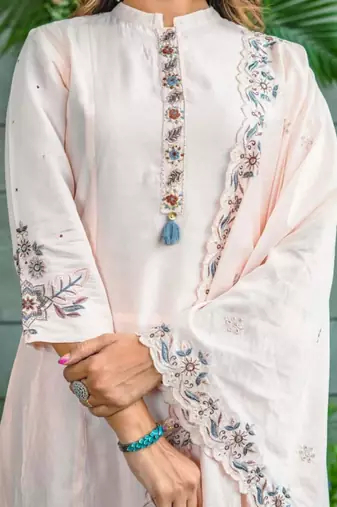 cream cotton blend embroidered kurta sets