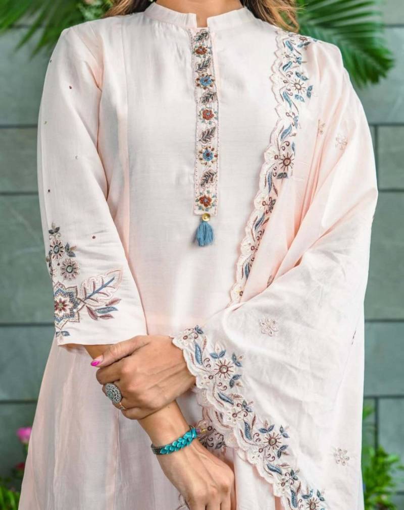 cream cotton blend embroidered kurta sets