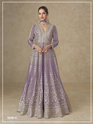 Onion color chinnon silk heavy embroidery work party wear long gown 1