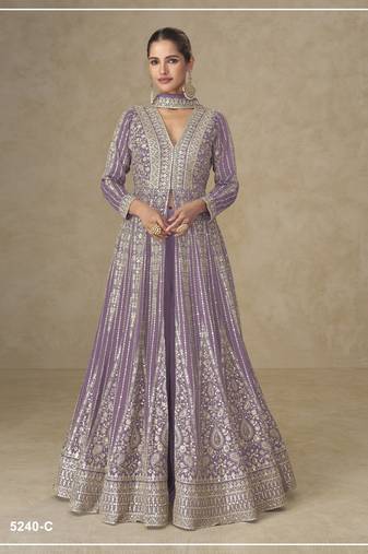 Onion color chinnon silk heavy embroidery work party wear long gown