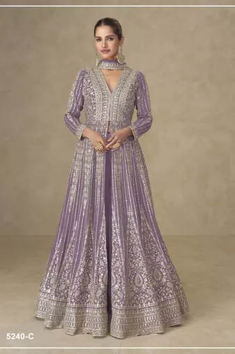 Onion color chinnon silk heavy embroidery work party wear long gown