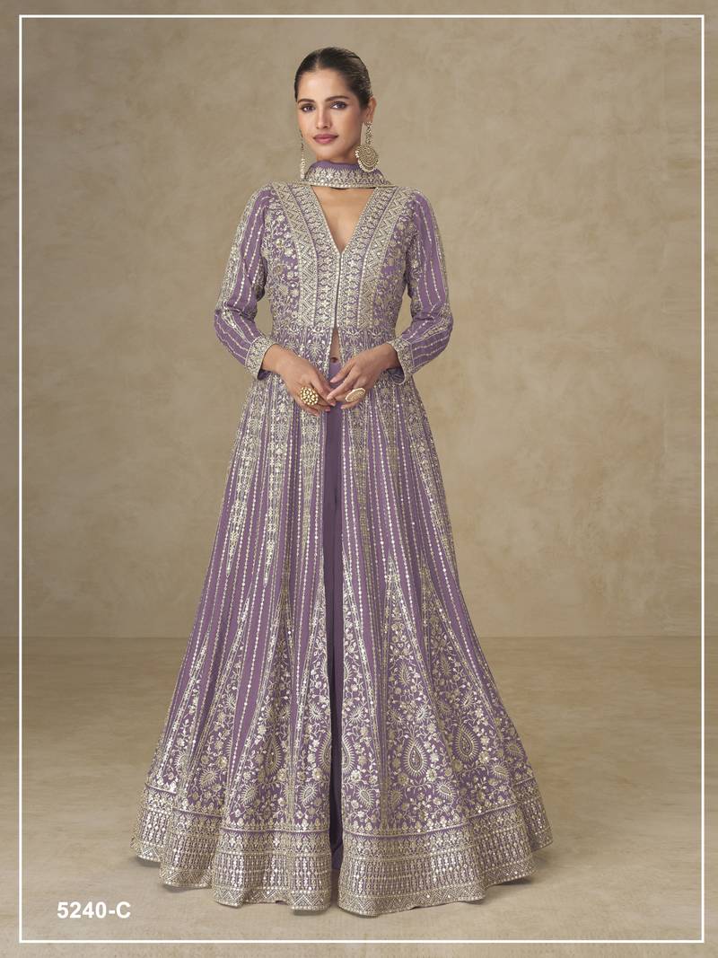 Onion color chinnon silk heavy embroidery work party wear long gown