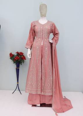 Peach color chinnon silk heavy embroidery work party wear long gown 3