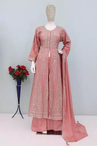Peach color chinnon silk heavy embroidery work party wear long gown