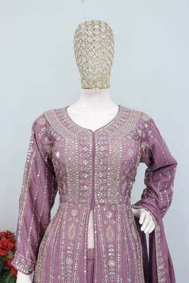 Onion color chinnon silk heavy embroidery work party wear long gown 2
