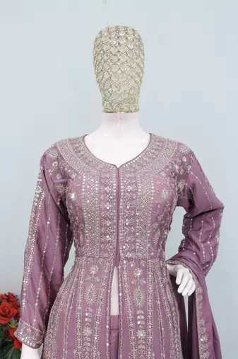 Onion color chinnon silk heavy embroidery work party wear long gown