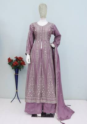 Onion color chinnon silk heavy embroidery work party wear long gown 3